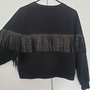ZARA black crewneck fringe crystal sweatshirt